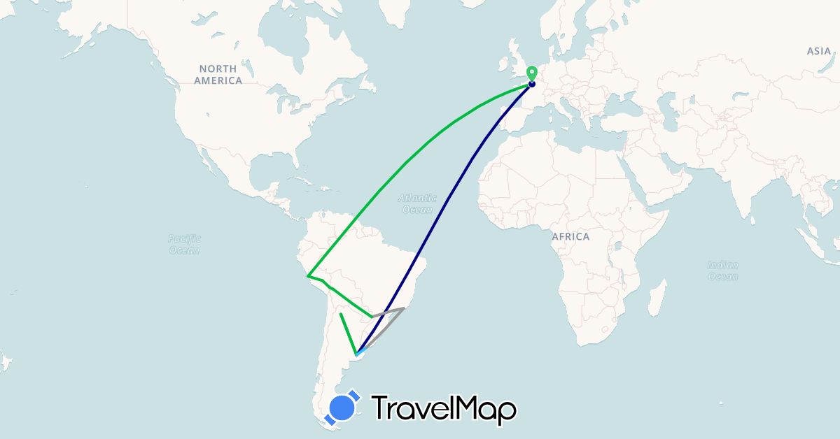 TravelMap itinerary: driving, bus, plane, boat in Argentina, Bolivia, Brazil, France, Peru, Uruguay (Europe, South America)